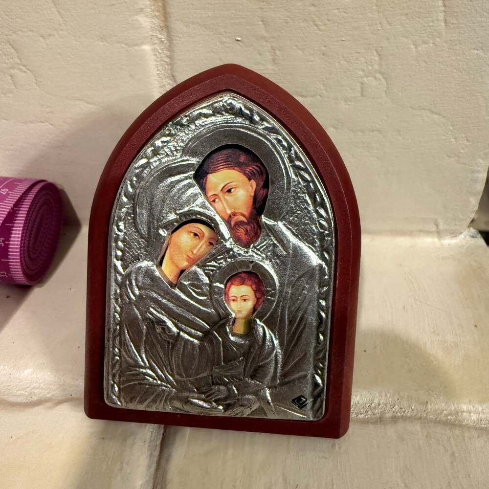 The Holy Family Greek Orthodox Byzantine Icon, Silver-Plated Wood Handicraft